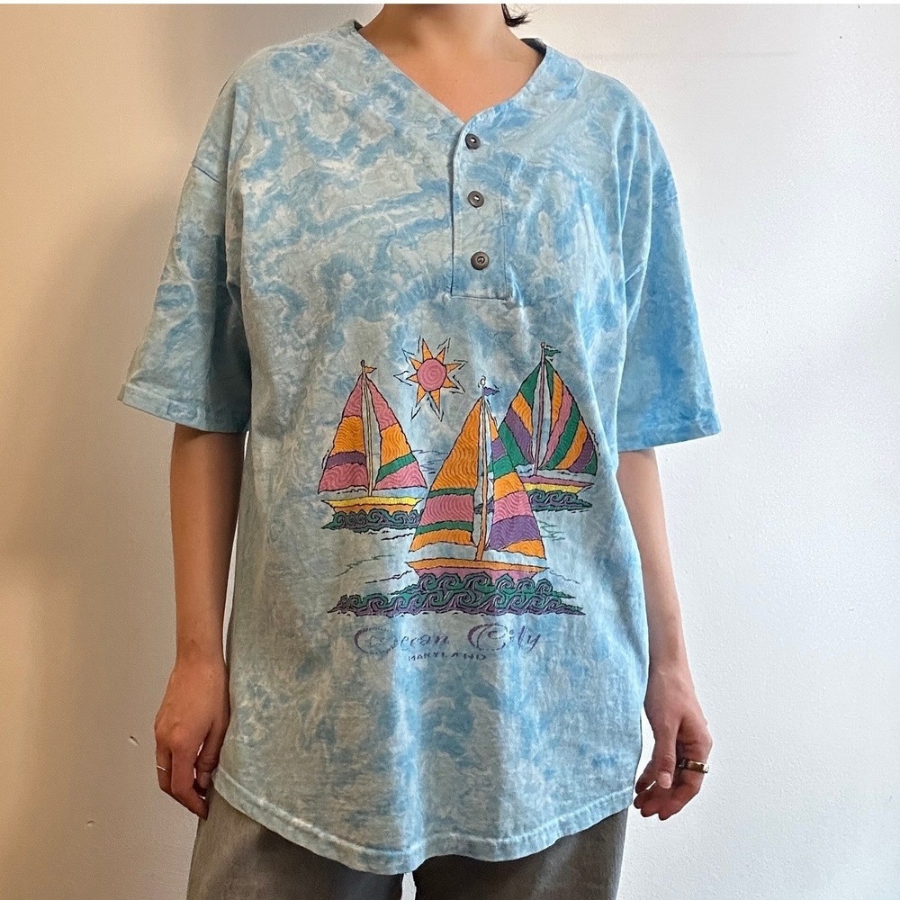 AVI Ocean City Maryland Sailboat Henley T-Shirt Blue Tie Dye OSFA
